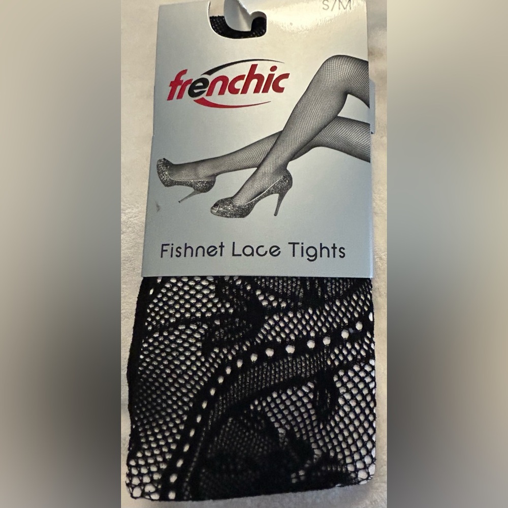 Frenchic Black Fishnet Lace Footed Tights Adult Womens S/M Sexy Floral